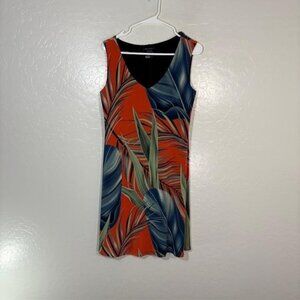 Eva Varro Dress Womens Medium Orange Tropical Palm Print Sleeveless Stretch